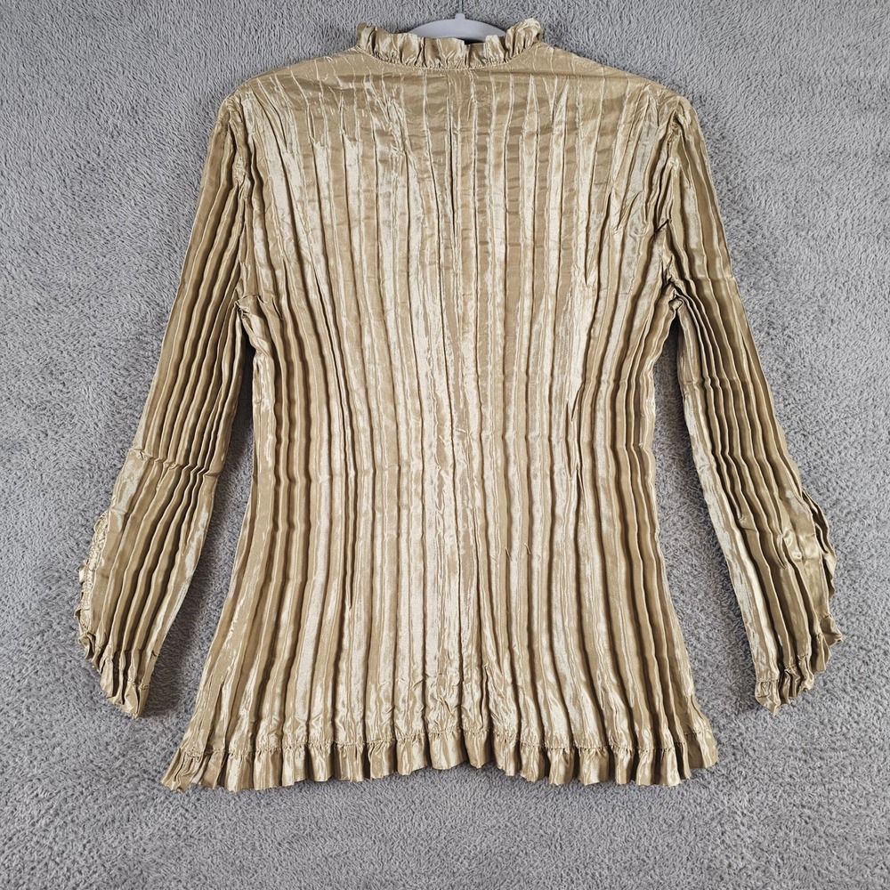 MSK Gold Pleated Shimmer Blouse Rhinestone Button Ruffle Top Womens Large - Picture 2 of 7